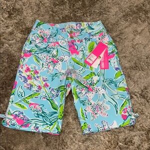Blue and Pink Bermuda Shorts with Tropical Print